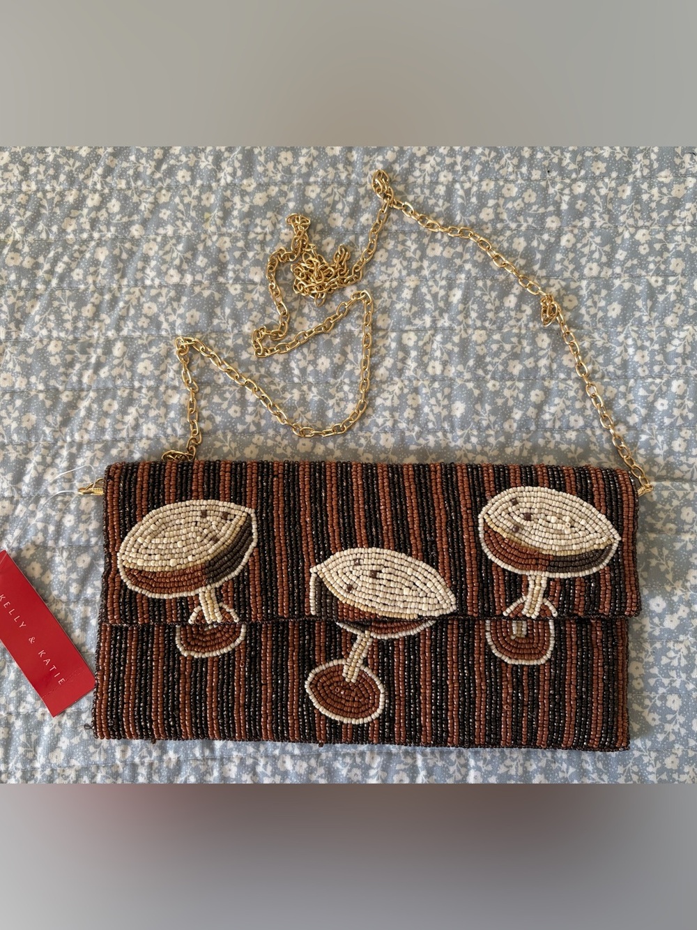 Kelly & Katie Brown and Cream Beaded Espresso Martini Clutch with Gold Chain NWT